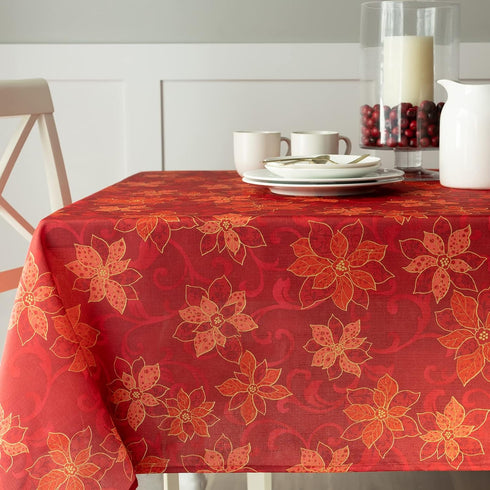 Benson Mills Poinsettia Scroll Printed Rectangle Fabric Table Cloth, Winter, Holiday and Christmas Tablecloth (60" X 104" Rectangular, Red)...