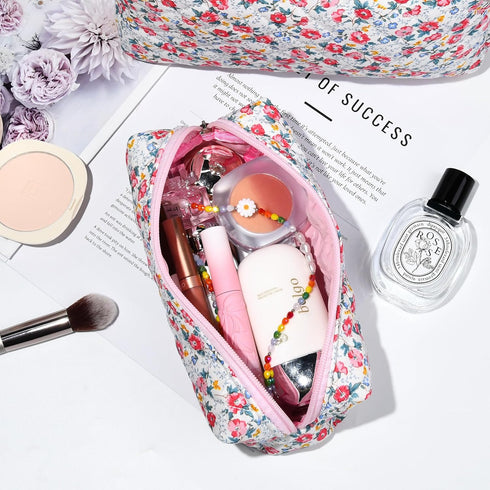 2 Pcs Quilted Makeup Bag Floral Cosmetic Bag Cotton Large Travel Coquette Toiletry Puffer Bag Aesthetic Cute Glossier Makeup Bag for Women Girls...