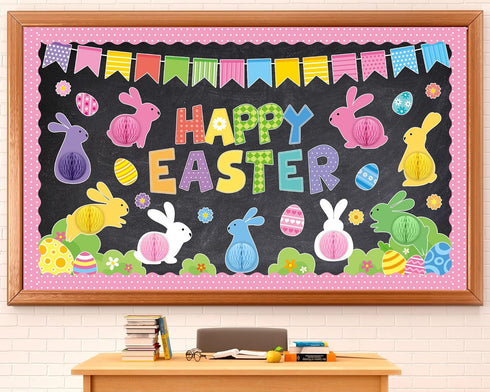 3D Easter Bulletin Board Set Happy Easter Honeycomb Classroom Decoration Easter Egg Rabbit Bunny Cutouts Spring Flower Paper-Cuts for Easter Party...
