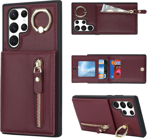Jaorty for Samsung Galaxy S22 Ultra Phone Case with Card Holder,Galaxy S22 Ultra Case for Women with Credit ID Card Slot,360 Rotation Ring Kicksta...