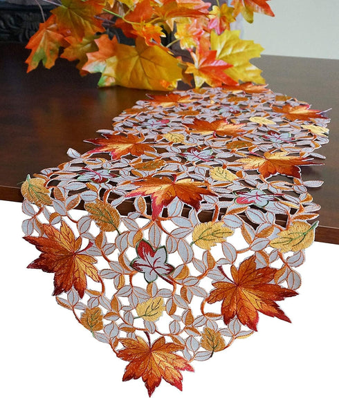 GRANDDECO Thanksgiving Harvest Table Runner Embroidered Cutwork Maple Leaves Dresser Scarf Table Cover Autumn Or Fall Decorations (Table Runner 13...