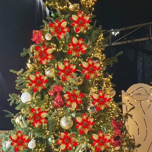 Sawowkuya 15 Pcs Red Gold Poinsettia Artificial Flowers Glitter Artificial Christmas Flowers Decorations with Clips for Xmas Tree Ornaments Weddin...