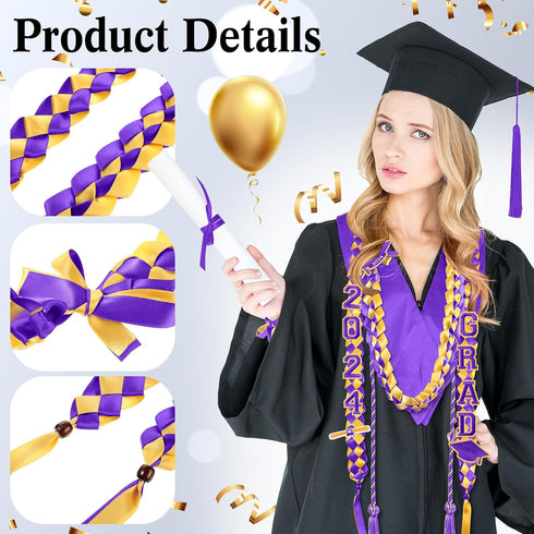 17 Pcs Graduation Leis and Graduation Cords 2024 Braided Necklace Adjustable Graduation Gift for Student Graduation Gifts Party Supplies (Purple)...