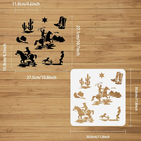FINGERINSPIRE Western Cowboy Theme Stencil 11.8x11.8 inch Cowboys Riding Horse Painting Stencils Plastic Cactus Boots Hats Pattern Stencil Reusabl...