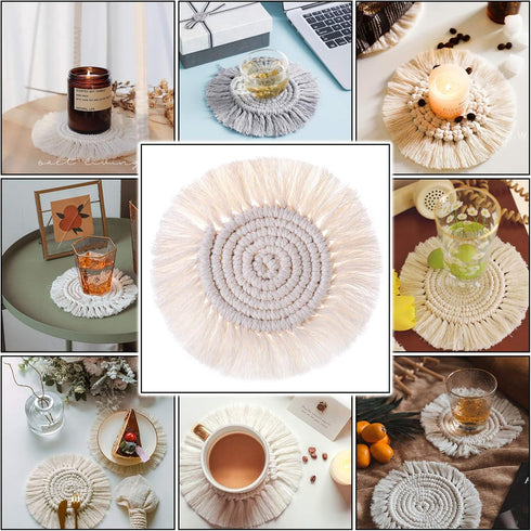 4PCS Macrame Coasters for Drinks, Handmade Cotton Coasters Set, Boho Coasters with Tassels, Round Drinks Woven Coasters, for Kinds of Mugs and Cup...