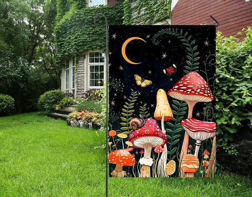 Fantasy Night Fairy Moon Star Mushroom Grass Butterfly Snail Garden Yard Flag 12"x 18" Double Sided Polyester Welcome House Flag Banners for Patio...