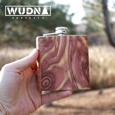 WUDN 6 oz. Wooden Hip Flask - Stainless Steel Body, Real Aromatic Cedar...