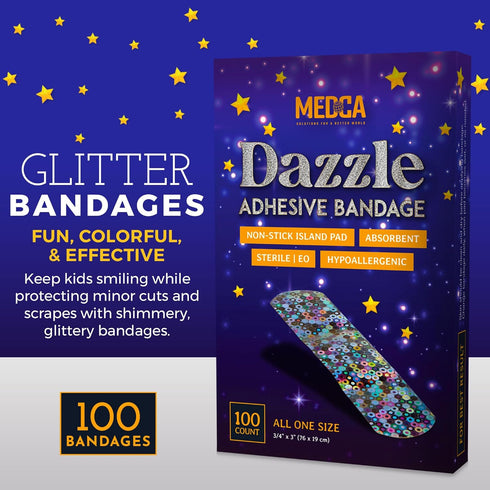 Glitter Bandages for Kids -(100 Count Box) Adhesive Bandage Strips w/Colorful Glitter Design & Latex-Free Individually Wrapped Strips for First Ai...