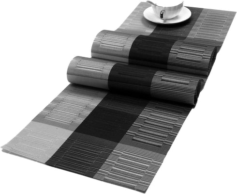 SHACOS Woven Vinyl Table Runner PVC Table Runner 12 x 71 inch Wipe Clean Indoor Outdoor, Ombre Black and Gray...
