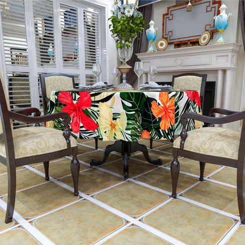Tropical Round Tablecloth, Hawaiian Palm Tree Hibiscus Flowers Plants Tablecloths, Aloha/Luau Theme Party, Wipeable Waterproof Table Cloth for Fam...