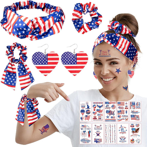 Whaline 15pcs 4th of July Accessories Kit Patriotic American Flag Headband Hair Band Hair Scrunchies Earrings Temporary Tattoos Independence Day G...