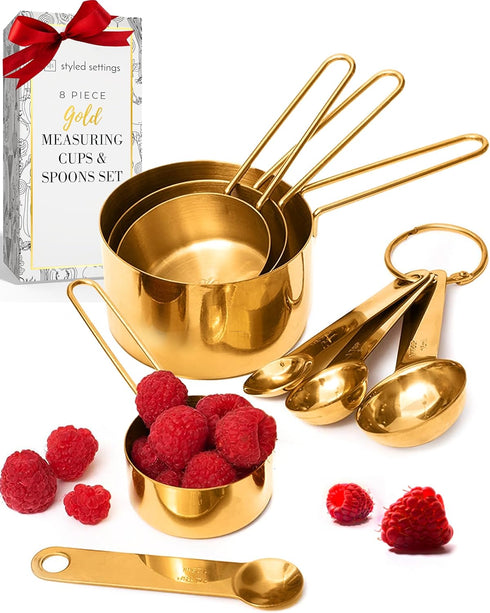 STYLED SETTINGS Gold Measuring Cups and Spoons Set – Stackable 8-Piece Brass Measuring Set – Stylish and Sturdy Gold Kitchen Accessories for Bakin...