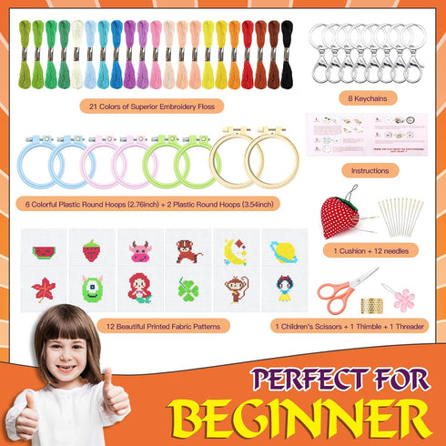 ZOCONE 12 PCS Cross Stitch Kits for Kids 7-13, Cross Stitch Beginner Kits with Instructions, Keychains, Embroidery Hoops and Tools, Needlepointing...
