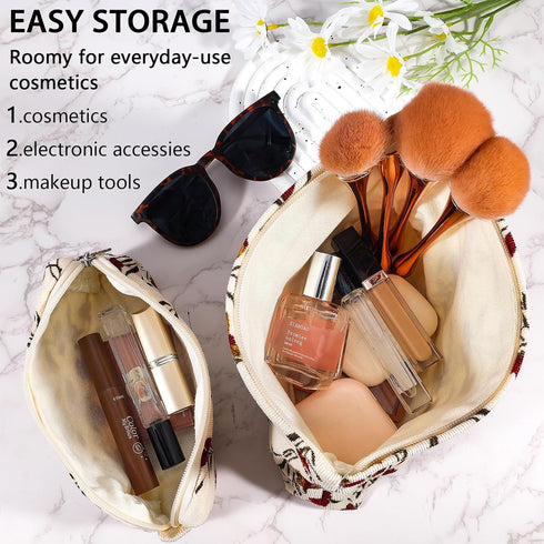 2Pcs Flower Makeup Bag Cute Floral Travel Cosmetic Bag Set for Women Girls Large Small Zipper Makeup Pouch for Purse Pencil Pouch Aesthetic Portab...