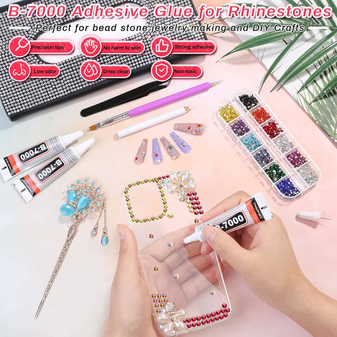 Rhinestones Adhesive Glue for Fabric, 2100Pcs 12 Color Craft Rhinestones Flatback with B7000 Glue Adhesive, Glass Gemstones with Tweezers for Craf...