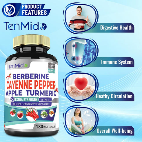 Cayenne Pepper Supplements Extract Capsules 6050mg, 180 Capsules & Berberine, Apple, Turmeric Curcumin, Bitter Melon, Ginseng, Milk Thistle| Suppo...