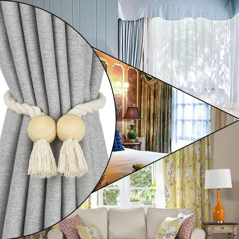 2 Pack Magnetic Curtain Tiebacks Cotton Hand Woven Tie Back Decorative Rope Holdbacks for Curtains Draperies No Tools Required, Beige...