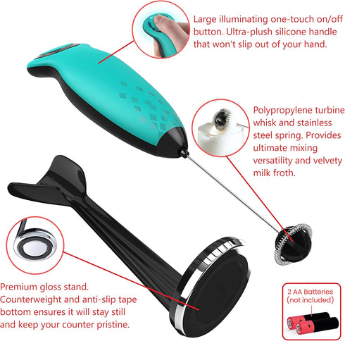 Milk Frother for Coffee with Deluxe Stand - Coffee Frother Handheld Foam Maker for Lattes - Turbine Whisk Drink Mixer Handheld - Frother Wand Stir...
