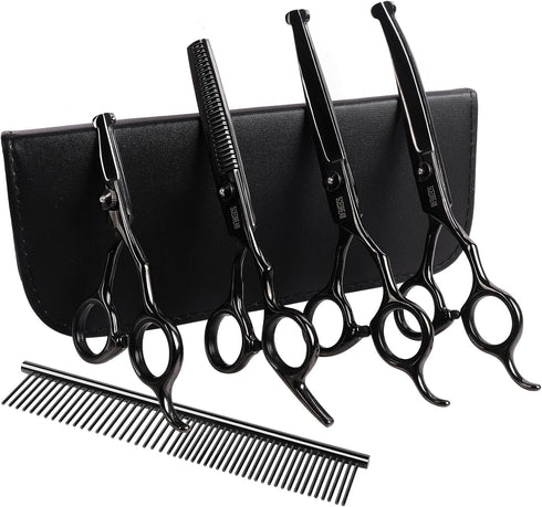 Professional Dog Grooming Scissors with Safety Round Tips, 6 in 1 Dog Grooming Scissors Kit, 4CR Stainless Steel Professional Pet Grooming Shears ...