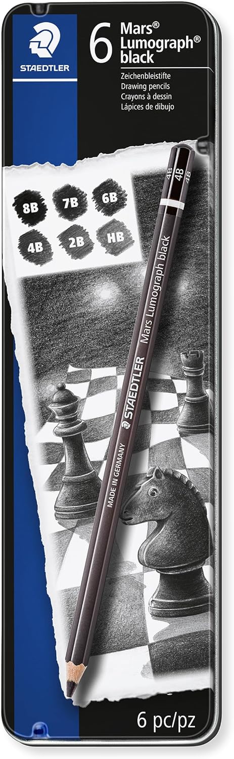 Staedtler Mars Lumograph Black, Carbon Blend Provides Jet Black Lines, Professional Art Pencils, Tin of 6 Assorted Black Sketch Pencils, 100B G6...