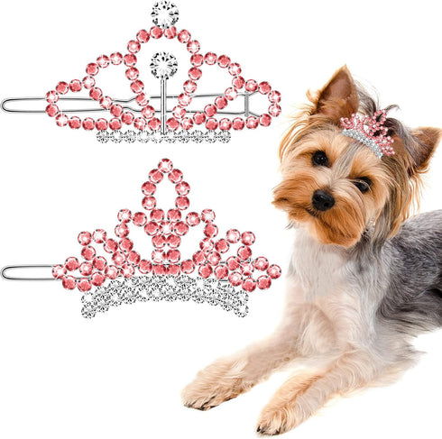 MTLEE 2 Pieces Dog Tiara Crown Hair Clips Clear Crystal Rhinestone Hair Barrettes Pet Crown Hair Clips Girls Puppies Barrette for Pet Dogs Groomin...
