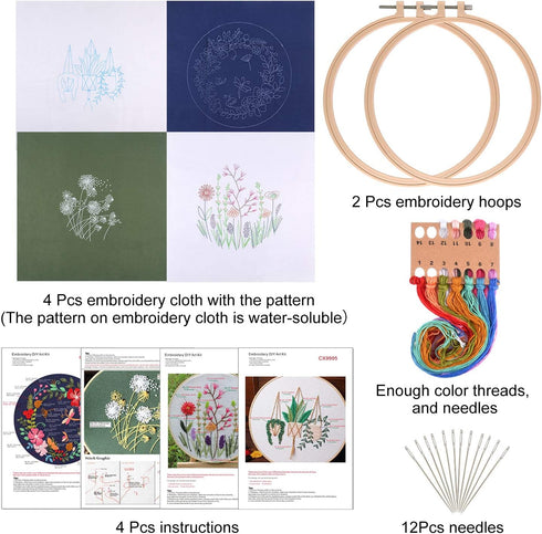FEPITO 4 Sets Embroidery Starter Kit with Pattern and Instructions Cross Stitch Kit Includes 4Pcs Embroidery Clothes with Floral Pattern, 2 Pcs Em...