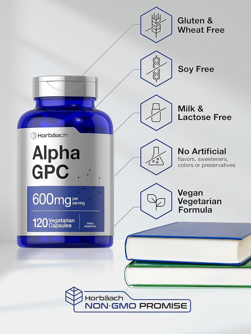 Horbaeach Alpha GPC 600mg | 120 Capsules | Vegetarian, Non-GMO & Gluten Free Choline Supplement | Supports Healthy Memory, Focus and Clarity...