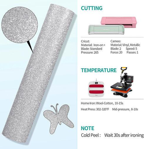 VINYL FROG Glitter HTV Vinyl Heat Transfer Vinyl Roll 12" x 5ft Silver Iron on Vinyl Glitter Heat Press Vinyl for T-Shirts Works with All Cutter M...