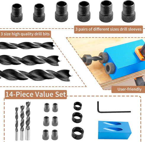 14 Pcs Pocket Hole Jig Kit, 15 Degree Woodworking Inclined Hole Jig with 6/8/10mm Drive Adapter and Clip...