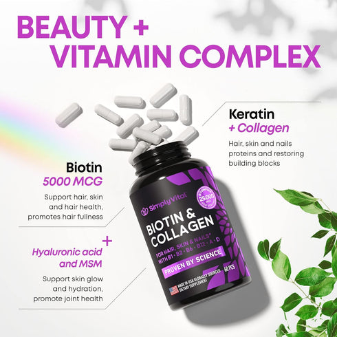 Biotin Vitamins for Hair, Skin & Nails - Biotin 5000mcg, Keratin & Collagen - Hair Supplement for Women & Men with Marine Collagen Peptides & B Co...