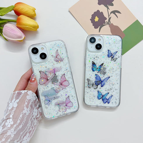 Compatible iPhone 14 Plus Case Clear Women Girls Flexible TPU Purple Butterfly Stars Sparkle Glitter Anti-Scratch Shockproof Protective Phone Cove...