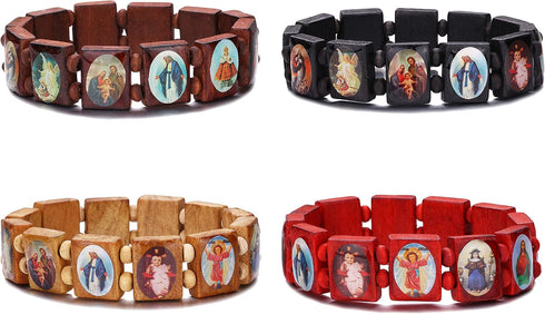 4pcs Wooden Jesus Virgin Mary Bracelet Saints Rosary, Stretchable Wooden Small Panel Bracelet, with Images of Religious Saints Jesus Gift for Men ...