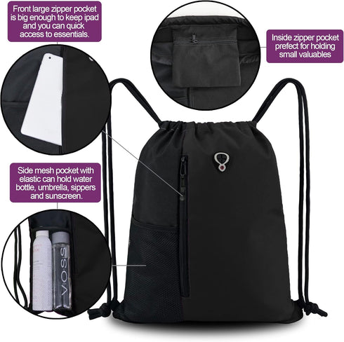 BeeGreen Black Drawstring Backpack Gym Bag For Men Women String Sports Backpack With Water Bottle Mesh Pockets And 2 Zippered Pocket Large Cinch S...