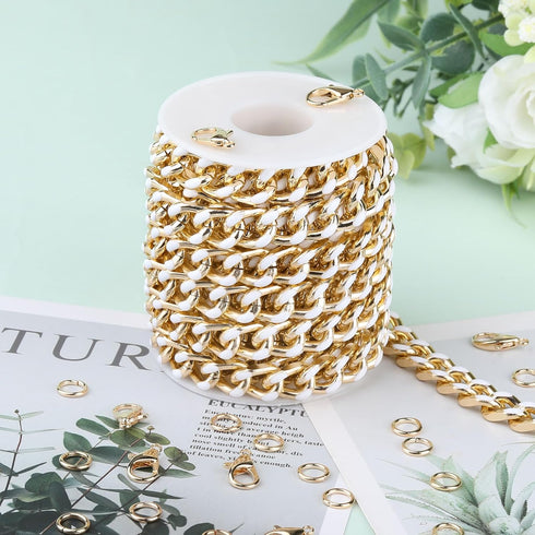KUYUNHOO 9.8 Feet White Oil Drip Cuban Chain Link Gold Plated Aluminum Chains for Jewelry Making Enamel Jewelry Chains on Bulk with Jewelry Clasps...