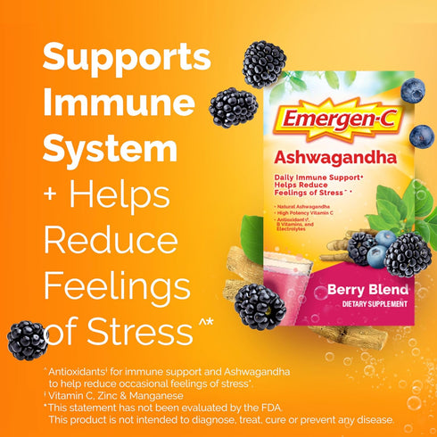 Emergen-C Vitamin C Ashwagandha Drink Mix, Dietary Supplement for Immune Support, Berry Blend - 18 Count...