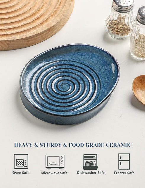 Ceramic Spoon Rest for Stove Top, Spoon Holder for Kitchen Counter, Farmhouse Cooking Utensil Holder for Spoons, Ladles, Spatula, Glazed Blue...