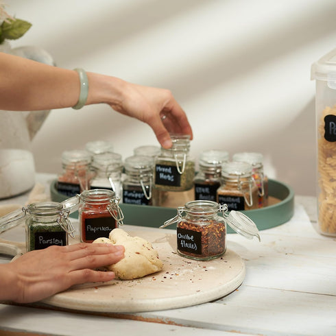 Oak & Steel 12 Pack 3.4oz Small Airtight Glass Spice Jars with Lids & Clip Top, 24 Labels & Chalk Pen - Square Bottles, Herb Jars, Mason Jars, Sea...