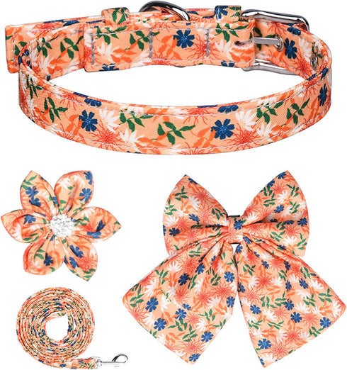 Girl Dog Collars and Leash Set for Small Medium Dogs,Adjustable Cute Puppy Floral Collars Including Pin Buckle Collars, Detachable Bow Tie and Flo...