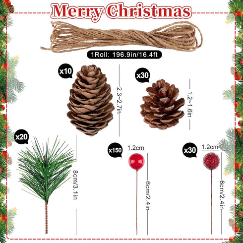 Whaline 241Pcs Christmas Wreath Accessories Artificial Red Berries Pine Cones Pine Needle Sticks with Hemp Rope for Xmas Wreath DIY Crafts Party G...