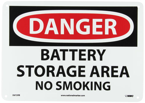 NMC - D672RB D672AB DANGER - BATTERY STORAGE AREA NO SMOKING Sign - 14 in. x 10 in., Red/Black Text on White, Plastic Danger Sign...