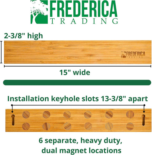 Heavy Duty 15" Bamboo Knife Magnetic Strip With 6 Dual-Magnet Zones | Wall Mounted Magnetic Knife Holder Holds 6 Knife & Tool | Wooden Magnetic Kn...