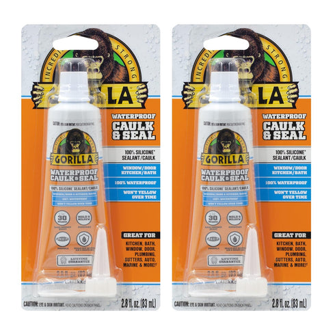 Gorilla Waterproof Caulk & Seal 100% Silicone Sealant, White, 2.8oz Squeeze Tube (Pack of 2)...
