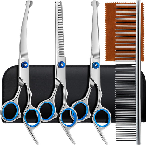 5 in 1 Professional Dog Grooming Scissors, 4CR Stainless Steel Set, Grooming Scissors for Dogs with Safety Round Tip, Upgraded Heavy Duty Titanium...