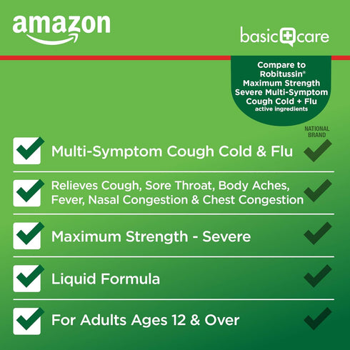 Amazon Basic Care Tussin Severe CF Max Syrup, Multi-Symptom Cough, Cold and Flu Liquid Medicine, Non-Drowsy, Relieves Cough, Sore Throat, Body Ach...