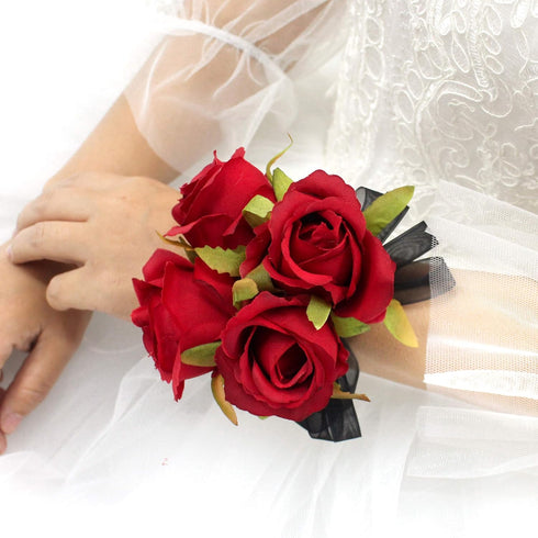 Abbie Home Prom Rose Corsage Boutonniere Set Real Touch Flowers for Party Ball Dancing Wedding with Lace Bow Décor (Red)...