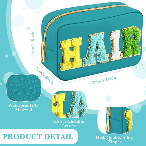 4 Pcs Chenille Bag Preppy Patch Makeup Bag Cosmetic Bag Chenille Letters Toiletry Bag PU Leather Waterproof Portable Pouch Travel Organizer (Blue,...