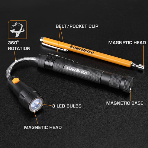EverBrite 2-Piece Magnetic Pick Up Tool Set, Telescoping 360 Swivel Extensible Magnet Tool with LED Light, Gift for Dad, Mom, Husband, Father's Da...