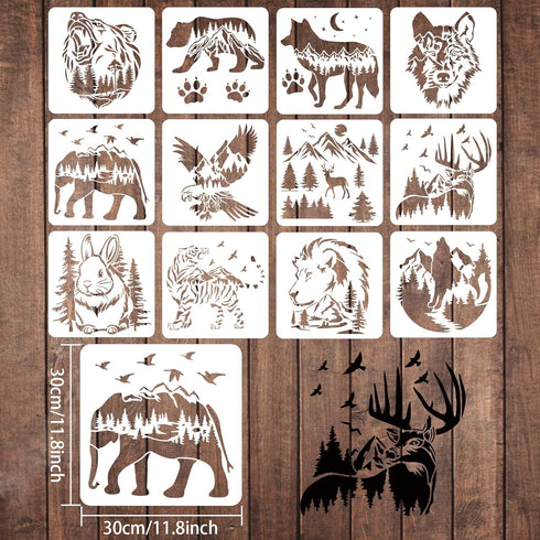 FINGERINSPIRE 12PCS/Set Bear Deer Eagle Rabbit Wolf Stencils, 11.8x11.8 Inch Tiger Elephant Claw Animal Stencils for Drawing, Wildlife Stencils fo...