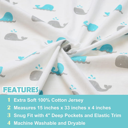 TL Care 100% Natural Breathable Cotton Jersey Knit Fitted Bassinet Sheet, Aqua Whale, 15" x 33", Soft Breathable, for Boys and Girls...