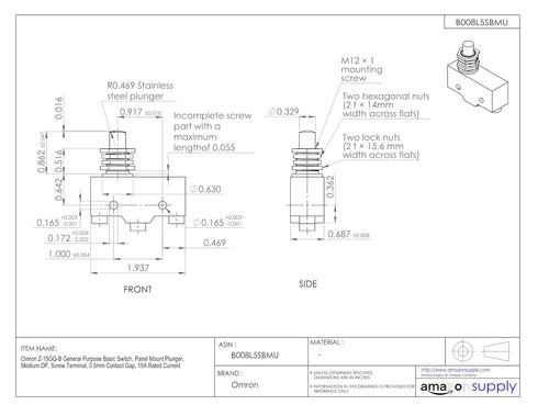 Omron Z-15GQ-B General Purpose Basic Switch, Panel Mount Plunger, Medium OP, Screw Terminal, 0.5mm Contact Gap, 15A Rated Current...
